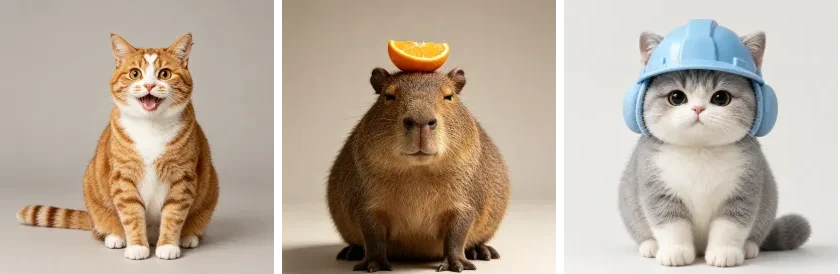 Three preset creature vlog leads — a ginger cat, a capybara and a cat in a hard hat