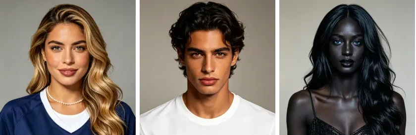 Three of the AI influencer presets — a footballer, a model and an actress, each a different face