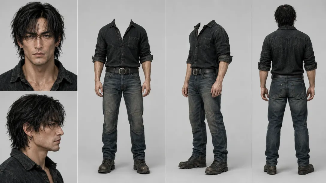 Identity and wardrobe sheet for Kael — his face from the front and in profile, beside the same outfit from three sides