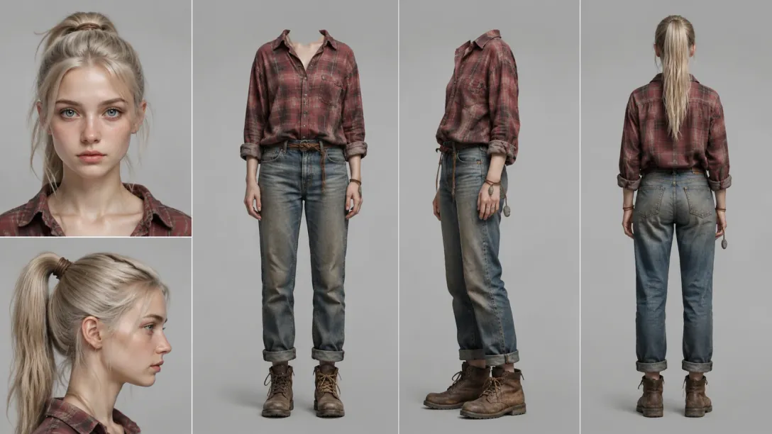 Identity and wardrobe sheet for the series lead Lyra — her face from the front and in profile, beside the same outfit from three sides