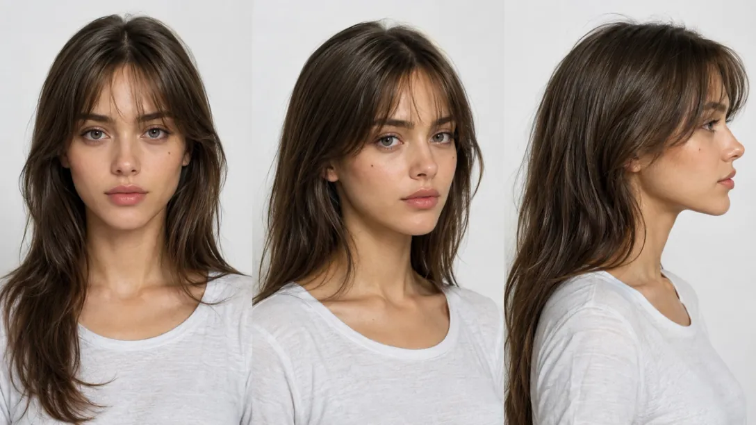 A reference sheet for a generated lead — the same woman from the front, three-quarter and profile, so every later video renders the same person
