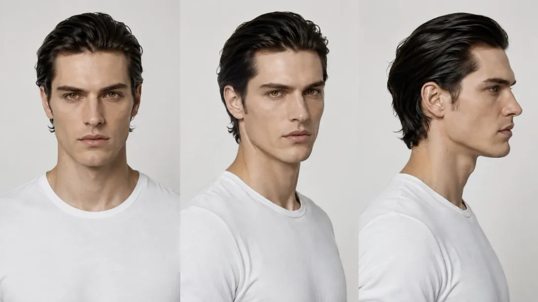 An identity sheet — one character's face from the front, three-quarter and profile, the reference every episode is generated against