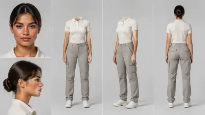A second cast sheet: another character's face and outfit from four angles