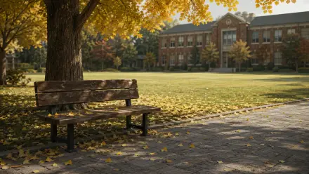 A location plate: a campus lawn under autumn trees