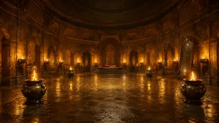 A location plate: a candlelit stone hall